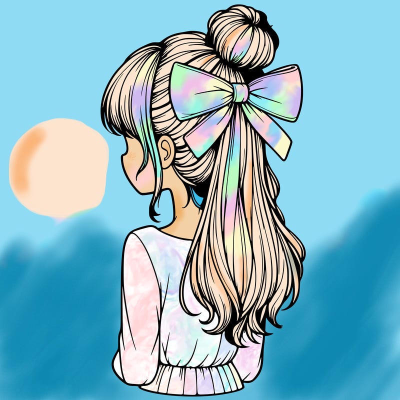 realistic girl  with hip length hair a bun and a big bow on the back of head