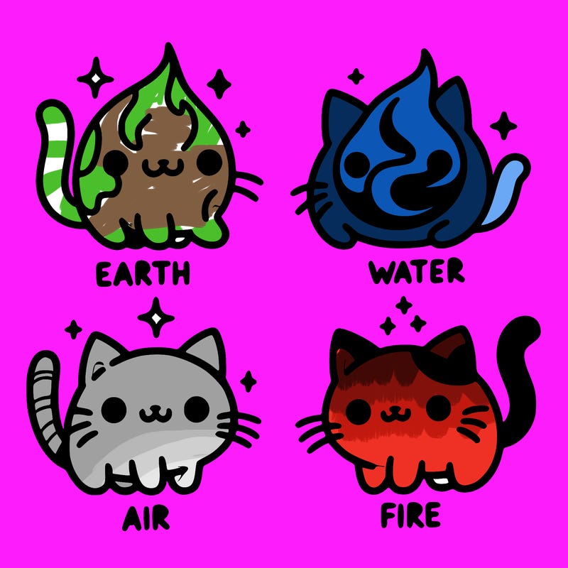 4 cats that represent the different elements, earth, water, air, and fire