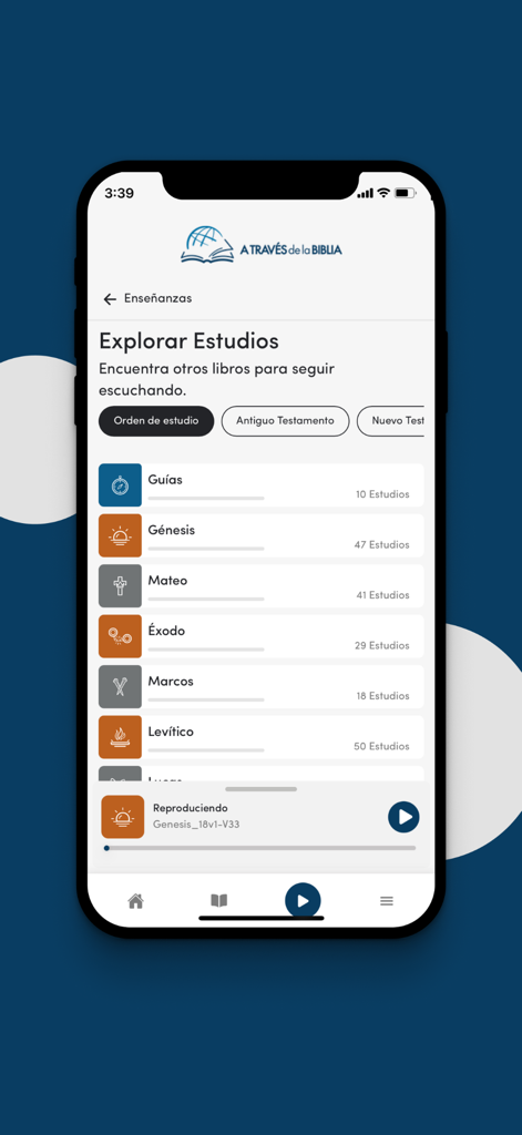 TTB Español (América Latina) - Interfaz de la aplicación TTB Español que muestra una lista de libros de estudio bíblico.