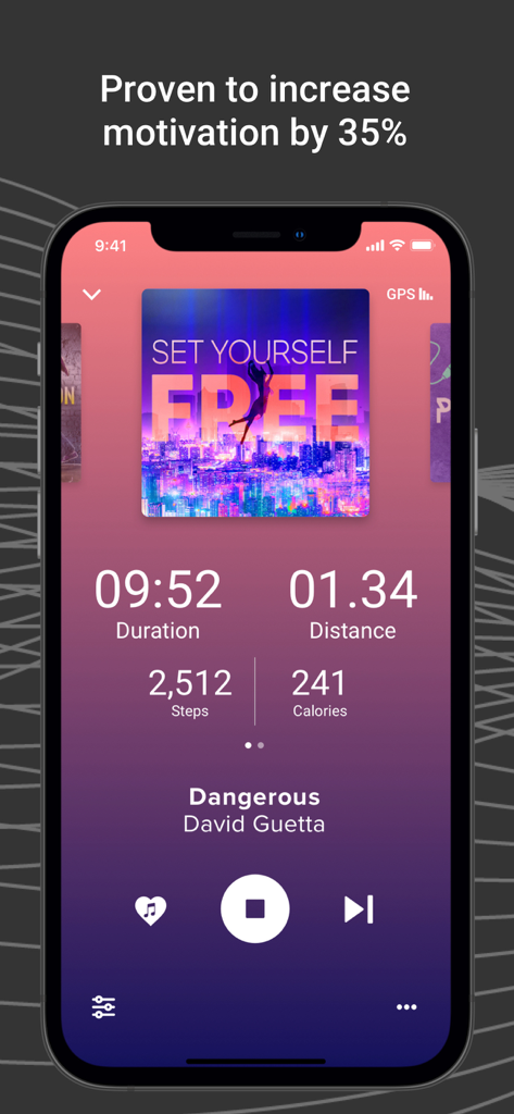 RockMyRun - Workout Music - RockMyRun app interface showing workout duration distance steps and calories while playing music