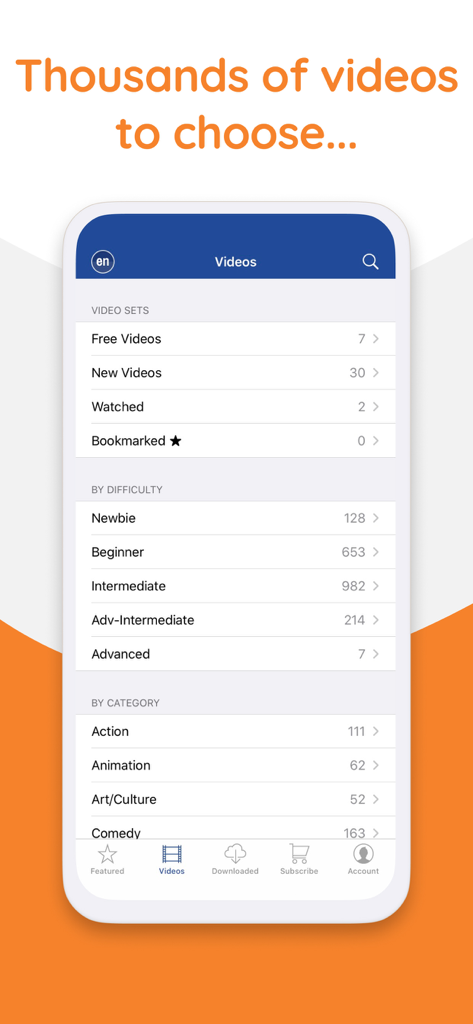 Yabla English - Pantalla de la aplicación Yabla English que muestra miles de videos organizados por dificultad y categoría.