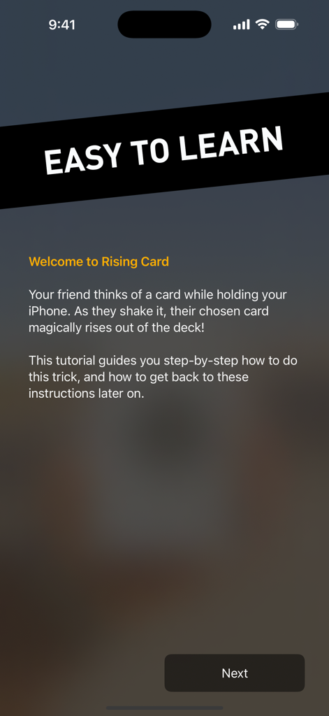 Rising Card Magic Trick - Tutorial introduction screen for the Rising Card Magic Trick app with Easy to Learn text