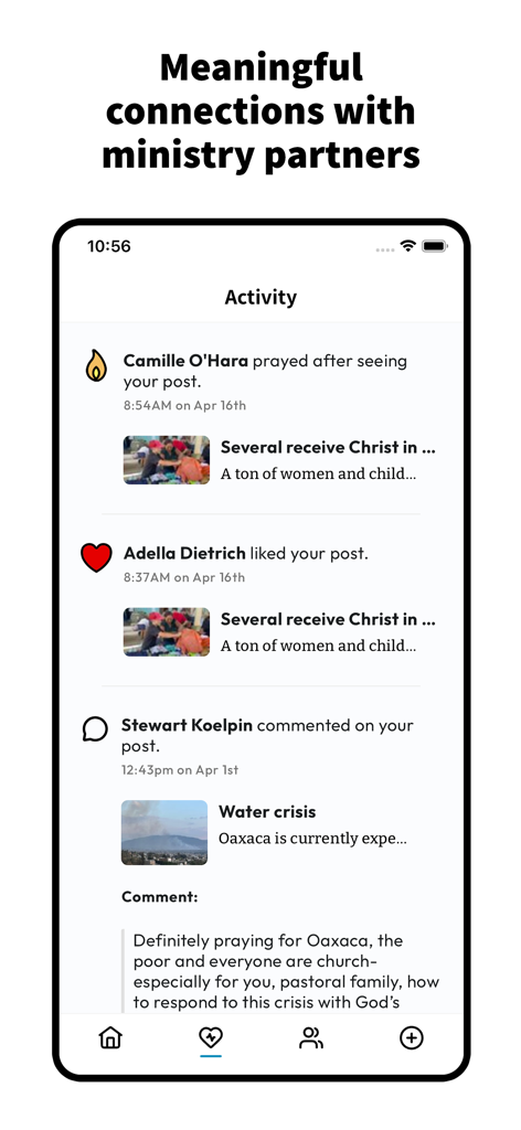 Epistle - Activity feed in the Epistle app showing prayers and likes from ministry partners.