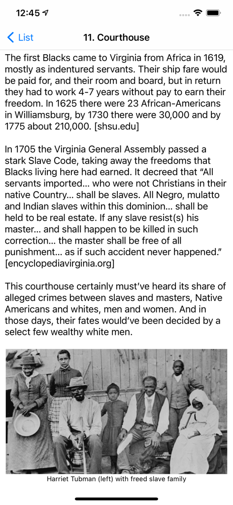 Colonial Williamsburg History - Historical text and photo about slavery and the courthouse in the Colonial Williamsburg app