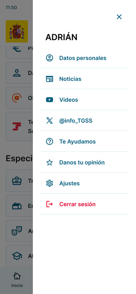 User profile side menu in the Importass Seguridad Social app showing options like personal data and settings