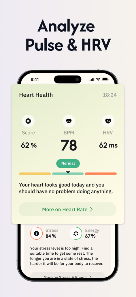 Daily Health - Healthy Routine - Daily Health app interface on an iPhone showing heart health metrics including pulse rate and heart rate variability