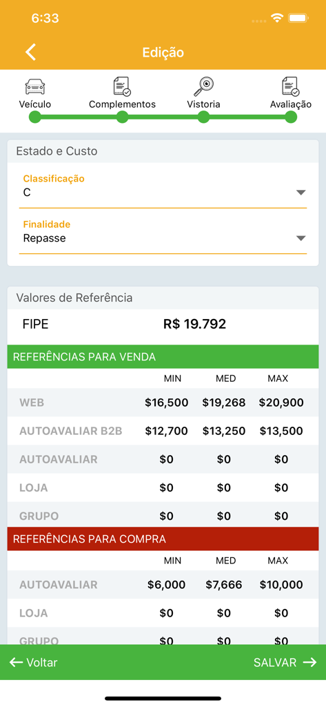 Summary screen of a car evaluation showing market value references and pricing data