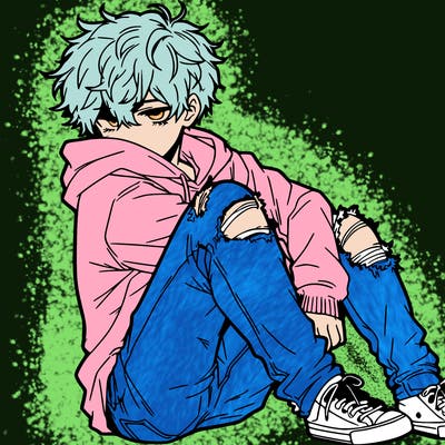 a male hoddie ripped jeans messy hair anime