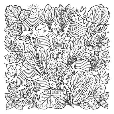 Celebrate Pride Month with this unique coloring page featuring a delightful mix of leafy greens and joyful symbols of love and unity. Designed for kids, it's a perfect blend of nature and inclusivity for hours of creative fun.