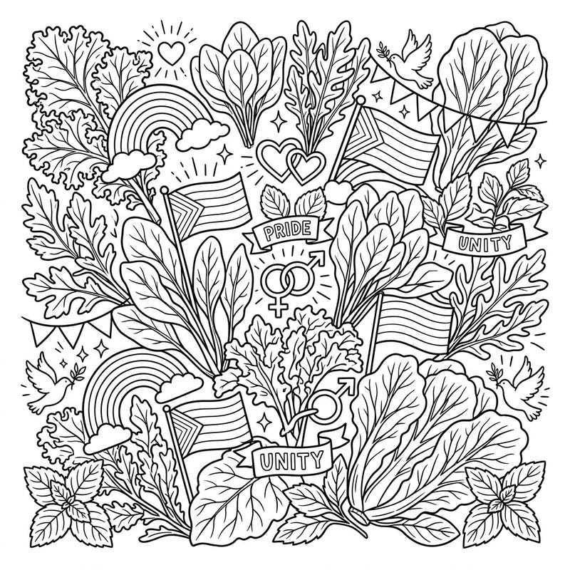 Celebrate Pride Month with this unique coloring page featuring a delightful mix of leafy greens and joyful symbols of love and unity. Designed for kids, it's a perfect blend of nature and inclusivity for hours of creative fun.