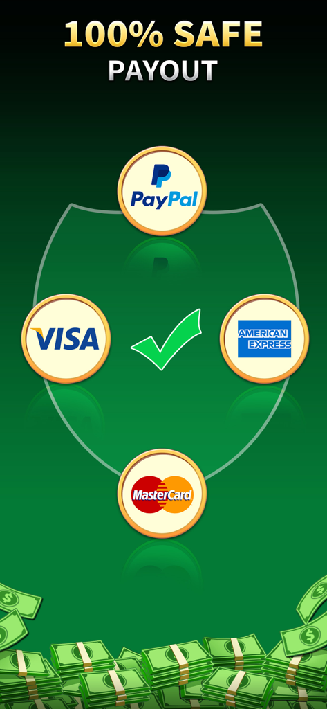 Pantalla de la aplicación Mahjong Solitario Gana Dinero que muestra opciones de pago seguras que incluyen PayPal, Visa, American Express y Mastercard