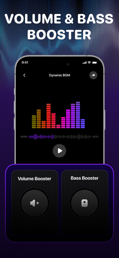 Up Volume Booster: Bass Boost - iPhone app screen showing a colorful music visualizer and large controls for volume and bass boosting