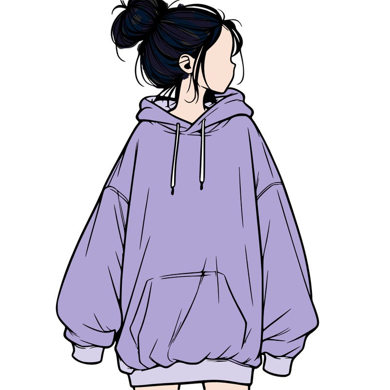 realistic girl with a oversized sweatshirt on and a bun