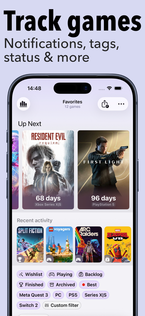 GamingBuddy: Game Tracker - Interface of GamingBuddy showing upcoming game countdowns and status tracking tags.
