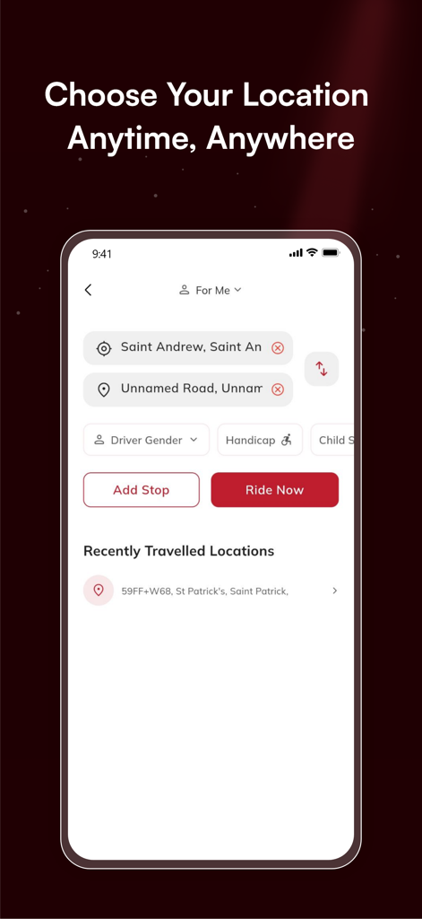 Ryde Go - Ryde Go mobile app interface showing the screen to choose pickup and destination locations with options for driver gender and handicap accessibility.