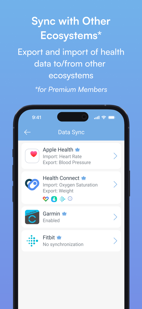Blood Pressure Diary by MedM - Interface showing health data synchronization with Apple Health, Health Connect, Garmin, and Fitbit.