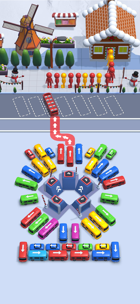 Bus Escape: Traffic Jam 3D - 3D gameplay of Bus Escape showing colorful buses in a winter traffic jam puzzle.