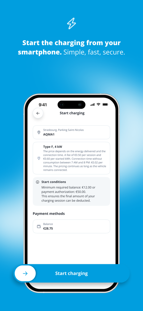 Interfaccia dell'app mobile Freshmile che mostra la schermata di inizio ricarica con dettagli su prezzi e pagamento per un veicolo elettrico.
