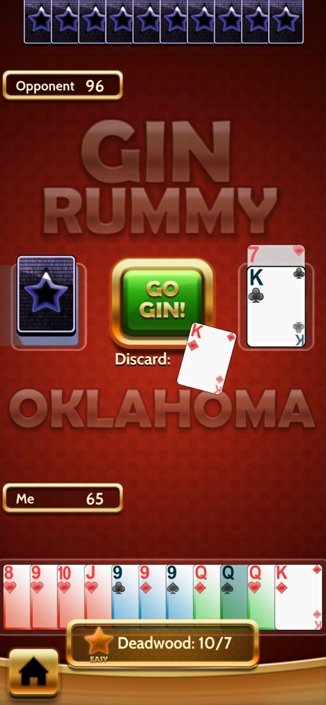 Jugabilidad móvil de Gin Rummy Classic mostrando una mano de cartas y el botón Go Gin