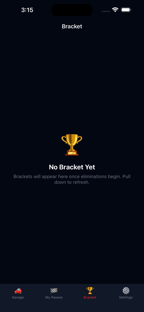 Dominican Roll Race - The bracket section of the Dominican Roll Race app showing a placeholder for race elimination rounds.