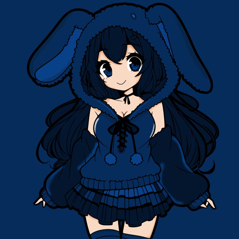 pretty anime girl wearing a fluffy hoodie with bunny ears on the hood and a skirt