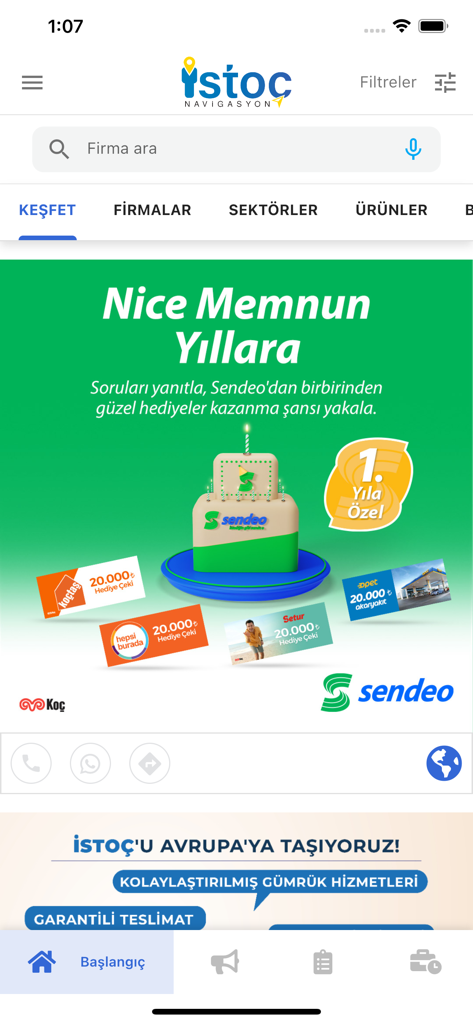 Home screen of the ISTOC Navi app featuring a search bar and directory categories for the wholesale trade center