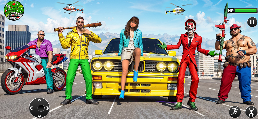 Group of diverse gangster characters posing with a yellow car and motorcycle in an urban city setting