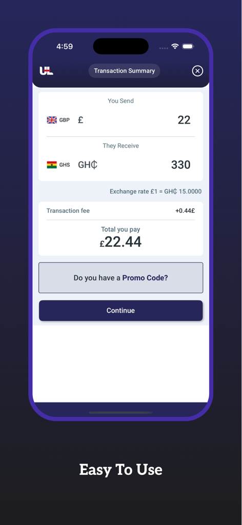 UnityLink - Money Transfer - UnityLink app screen showing transaction summary for sending GBP to Ghanaian Cedis with exchange rates and fees.