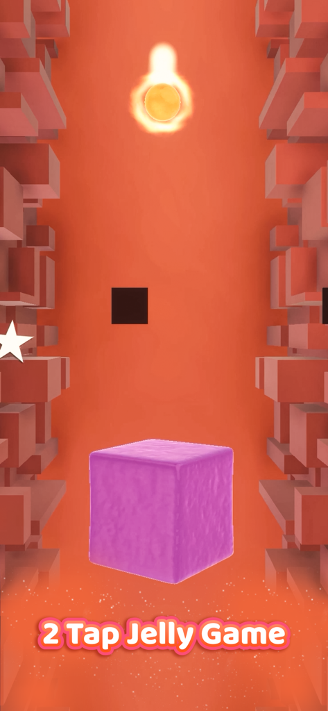 Jelly Ball - Tap Splash & Sync - A 3D gameplay screen of Jelly Ball showing a purple jelly cube and a glowing ball on an orange background