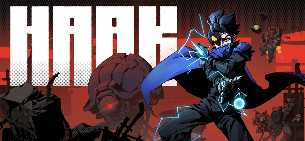 Arte promocional para HAAK con un héroe con capa azul con poderes de energía en un páramo rojo