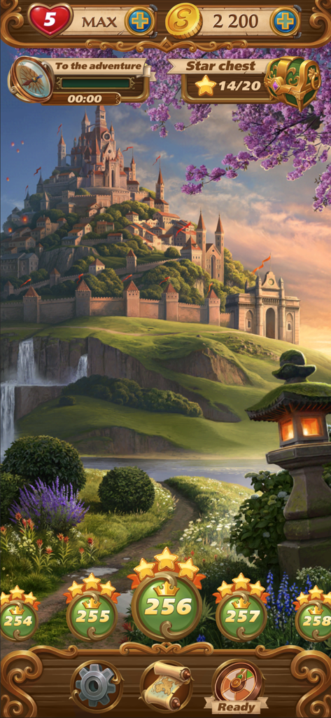 Level selection screen of Magic Story Solitaire featuring a majestic fantasy castle and a lush flowery path