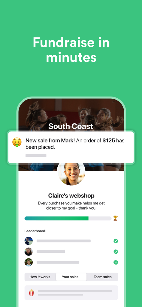 Heja - A mobile interface of the Heja app demonstrating team fundraising with sales tracking and a leader board.