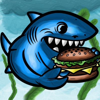 shark eating a cheeseburger
