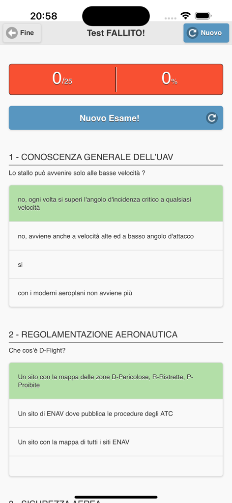 Quiz Droni A1-A3 - Schermata di un quiz per la certificazione di pilota di droni che mostra domande a scelta multipla e risultati del test