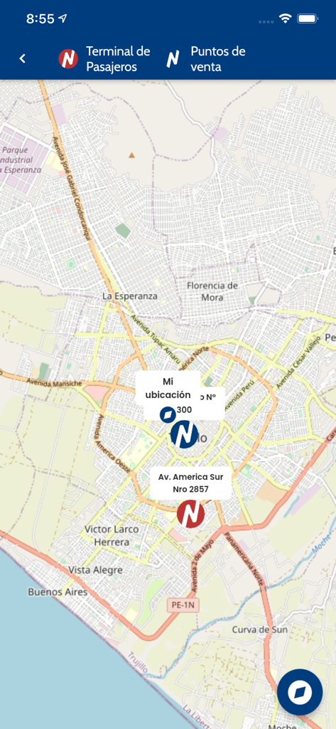Mobile app map interface showing bus terminals and sales points for Transportes Linea in Peru