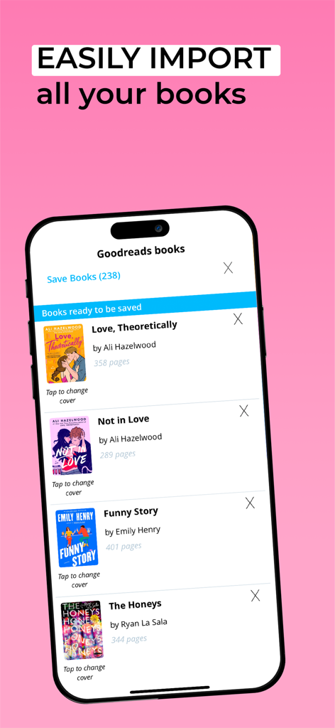 Screenshot of the Bookly app showing a feature to easily import books from a Goodreads library.