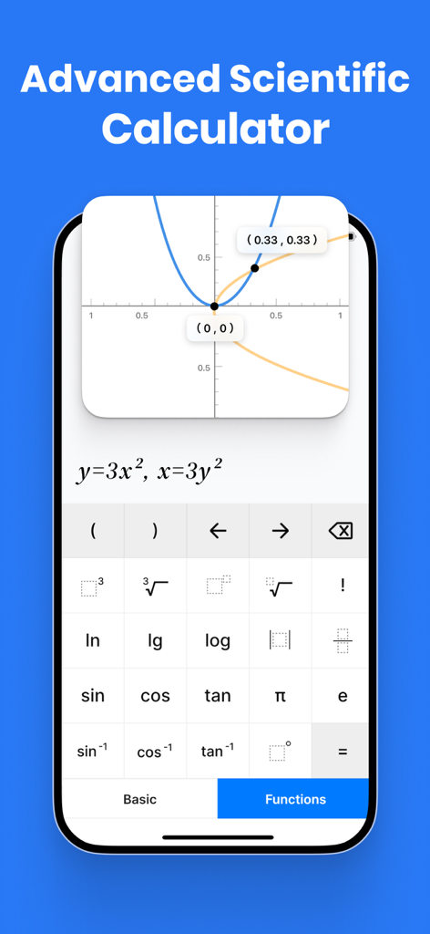 Solvely - AI Study Companion - Interface of the Solvely app displaying an advanced scientific calculator with a mathematical graph and trigonometric function buttons