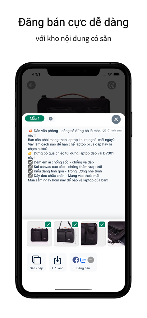 TTS Dropship - Bán hàng online - Screenshot of TTS Dropship app showing product listing and sharing features