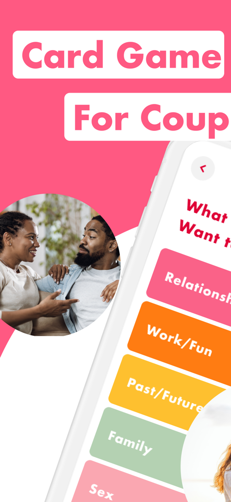 Sekirara: Conversation Starter - Sekirara App-Oberfläche zeigt Gesprächskategorien für Paare, einschließlich Beziehungen, Familie und Arbeit