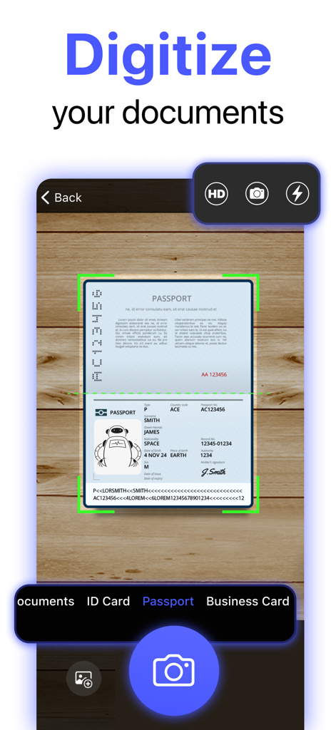 MobiScan: OCR Scanner・Scan PDF - Interfaz de la aplicación MobiScan mostrando un pasaporte siendo escaneado con un marco de enfoque verde sobre un fondo de madera