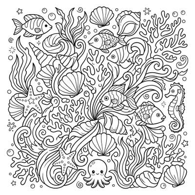 Explore a captivating underwater world filled with charming marine life and intricate details. This full-page coloring template features a delightful array of fish, seashells, coral, and more, ready for your creative touch.