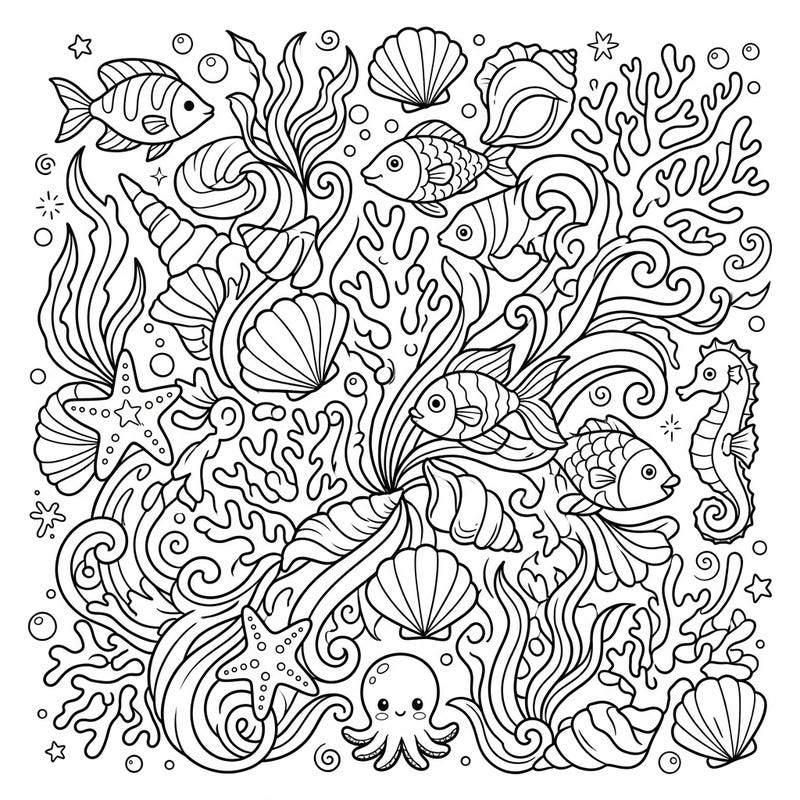 Explore a captivating underwater world filled with charming marine life and intricate details. This full-page coloring template features a delightful array of fish, seashells, coral, and more, ready for your creative touch.