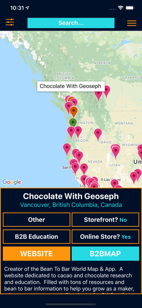 Chocolate Map - Captura de pantalla de la aplicación móvil que muestra un mapa con fabricantes de chocolate artesanal en Vancouver y detalles comerciales de Chocolate With Geoseph