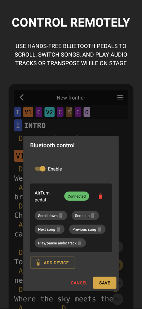 Bandfix: Songbook & Setlists - Bluetooth pedal control interface in the Bandfix app for hands-free music performance