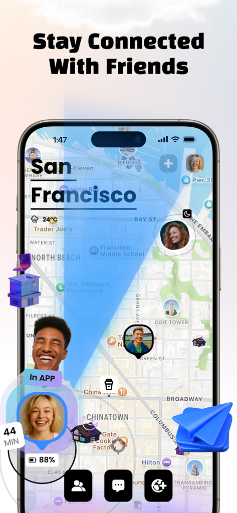 Pantalla de smartphone que muestra la interfaz de la aplicación Jagat con ubicaciones de amigos en un mapa de San Francisco y actualizaciones de estado