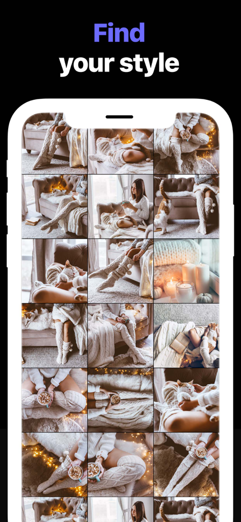 Smartphone screen showing a curated grid of cozy lifestyle photos with the text Find your style