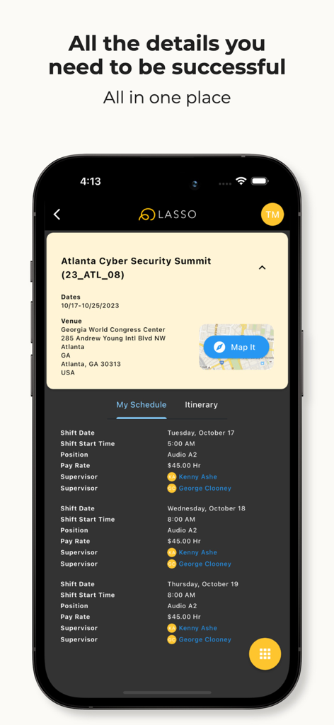 A mobile app interface displaying event venue details for a security summit and a daily work schedule with shift times and pay rates