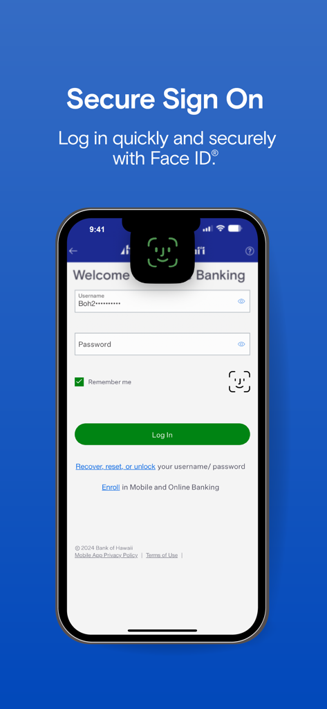 Bank Of Hawaii Mobile App - Bank of Hawaii mobile app secure sign on screen with Face ID authentication.