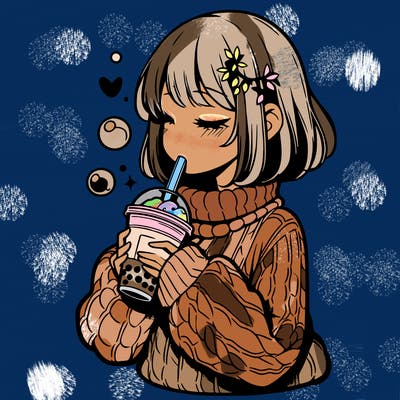 manga girl drinking boba in cozy sweater