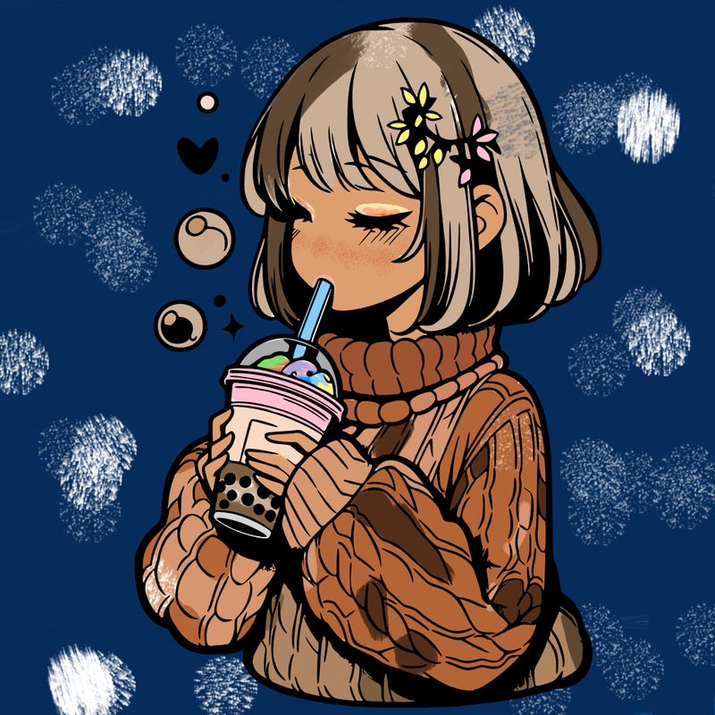 manga girl drinking boba in cozy sweater